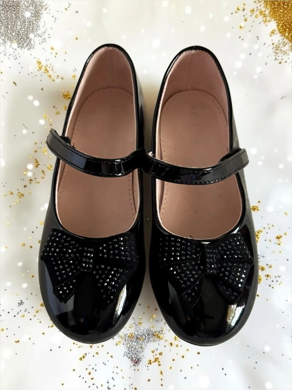 Kelly & Katie Bow Dress Flats Black Patent Rhinestone Girls Size 12 EUC
